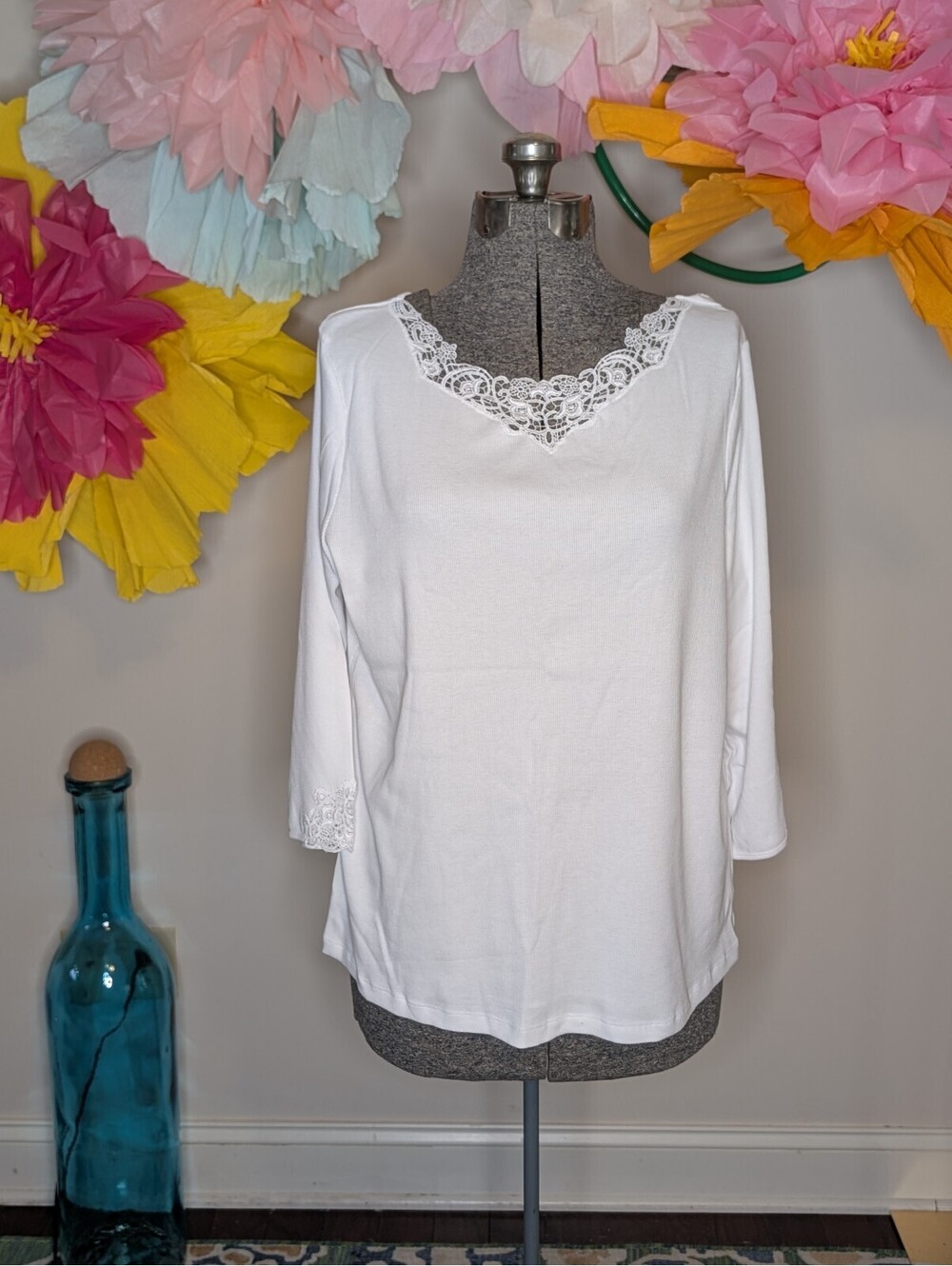 2030 - Lauren Ralph Lauren Woman White Lace Trim 3/4 Sleeve Top Size 2X
